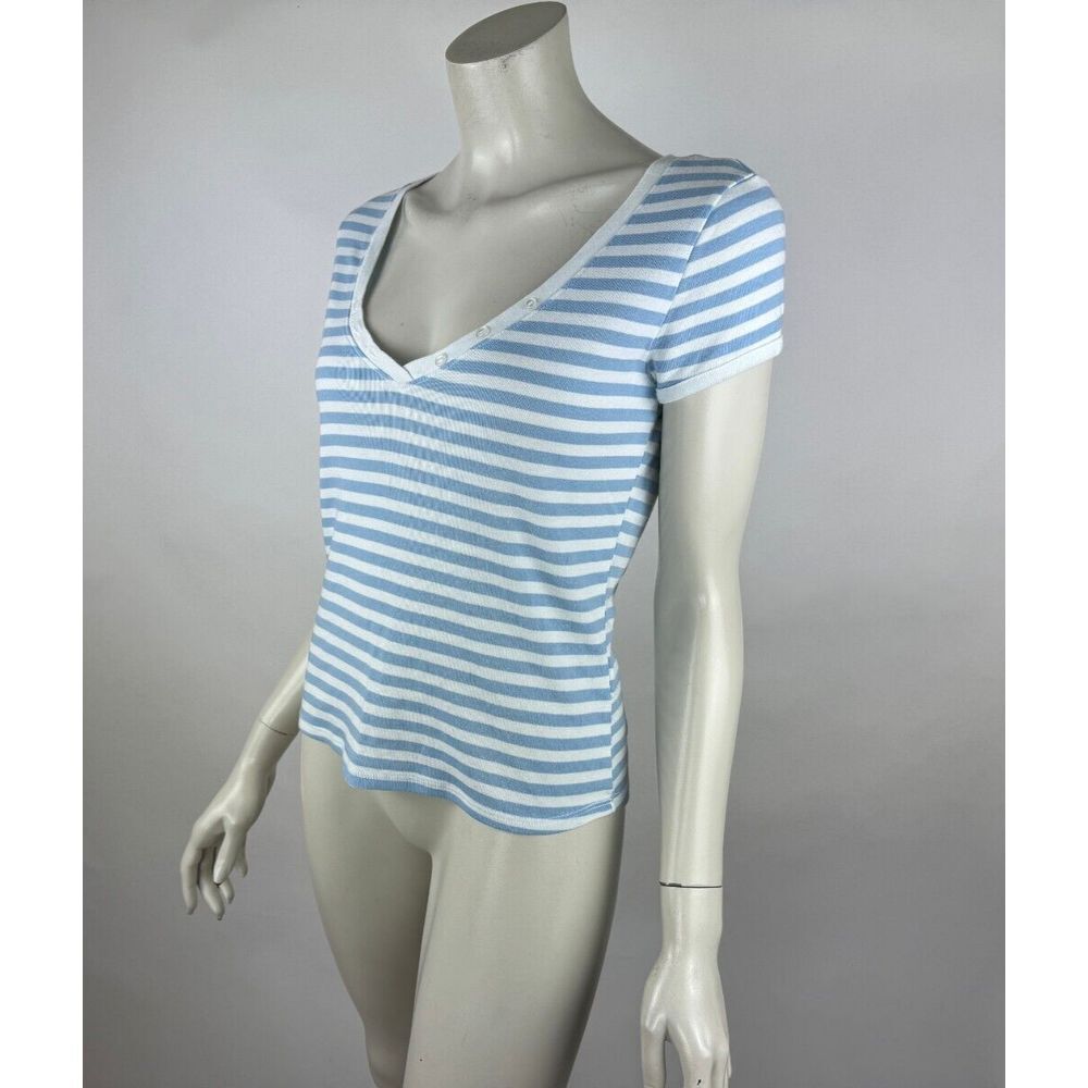 Frame Le Button V-Neck Striped Tee Women‎ S EUC Supima Cotton Striped Stretch - Picture 3 of 10